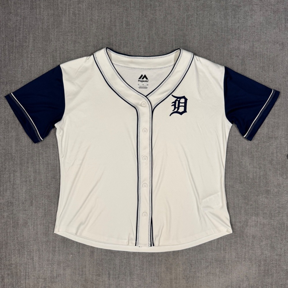Detroit Tigers Majestic Women Jersey XL White Blue Button Front Baseball‎ MLB
